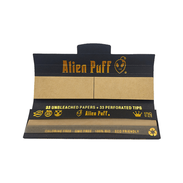 33 Alien Puff Black & Gold King Size Unbleached Brown Rolling Papers + Tips ( HP103 ) - Online Vape Shop