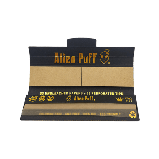 33 Alien Puff Black & Gold King Size Unbleached Brown Rolling Papers + Tips ( HP103 ) - Online Vape Shop