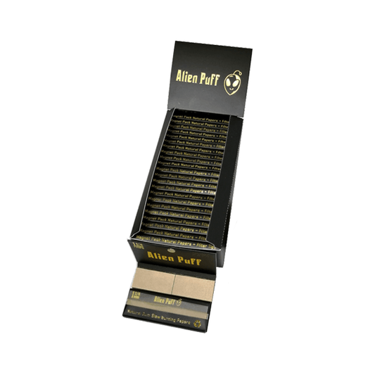33 Alien Puff Black & Gold 1 1/4 Size Magnetic Unbleached Rolling Papers + Tips ( HP120 ) - Online Vape Shop